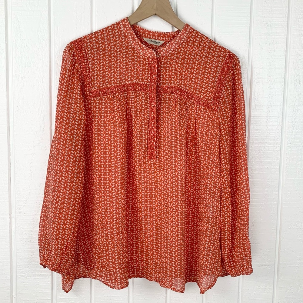 Lucky Brand Boho Orange Ditsy Floral Beaded Peasant Top SIZE L